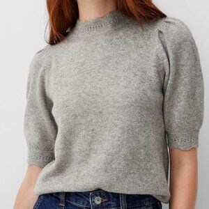 Puff sleeve scallop trim high neck sweater